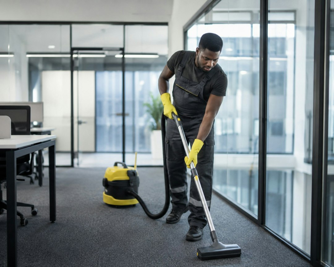 Professional cleaner vacuuming an office